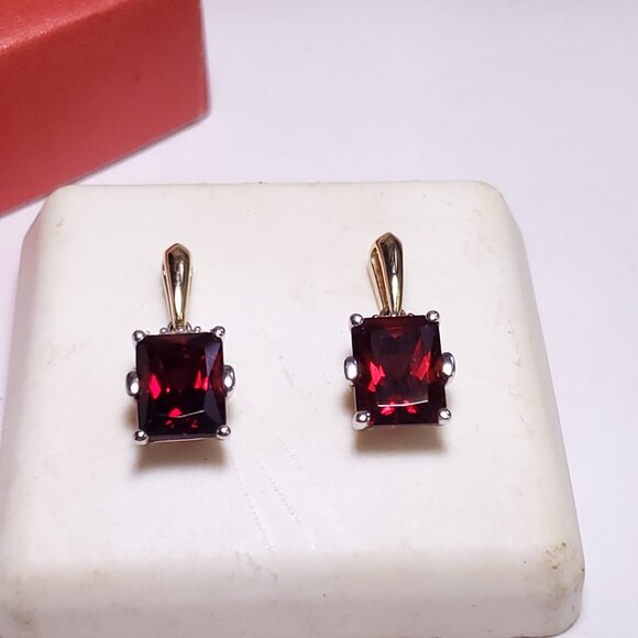 Estate 3.5ctw Natural Radiant Cut Garnet &Diam Dangle 14Kt 2Tone Earrings #23311 - Picture 2 of 6
